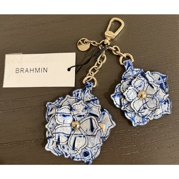 NWT $125 BRAHMIN FLOWER DUO COASTAL BLUE Leather Charm Key Fob - Picture 1 of 7